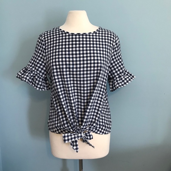 3/$30 SHEIN Ruffle Cuff Tie Hem Plaid Top Large - Picture 5 of 12